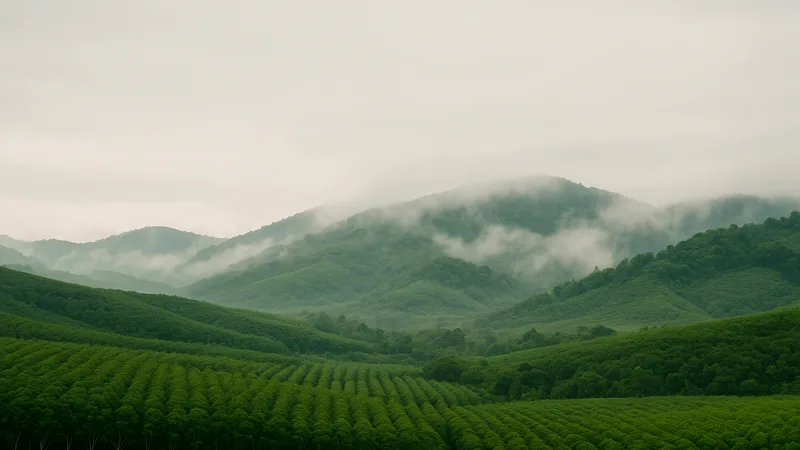 Misty rows of rubber trees and forested hills in rural northern Phuket.