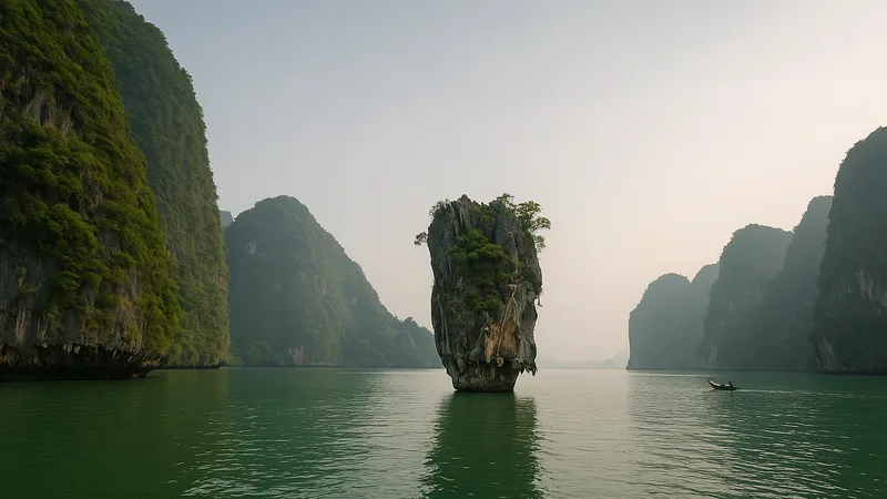 Limestone karst islands rising from calm green water in misty Phang Nga Bay.