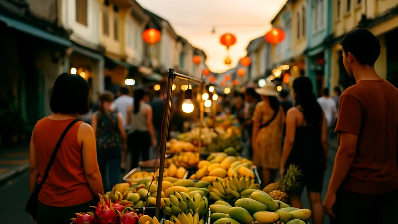 Evening market stalls with tropical fruit and hanging lanterns in Phuket Old Town.